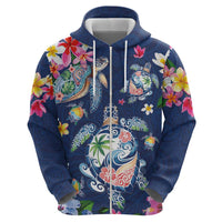 Hawaiian Turtles and Tropical Plants Zip Hoodie Blue Watercolor LT03 - Polynesian Pride