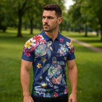 Hawaiian Turtles and Tropical Plants Zipper Polo Shirt Blue Watercolor
