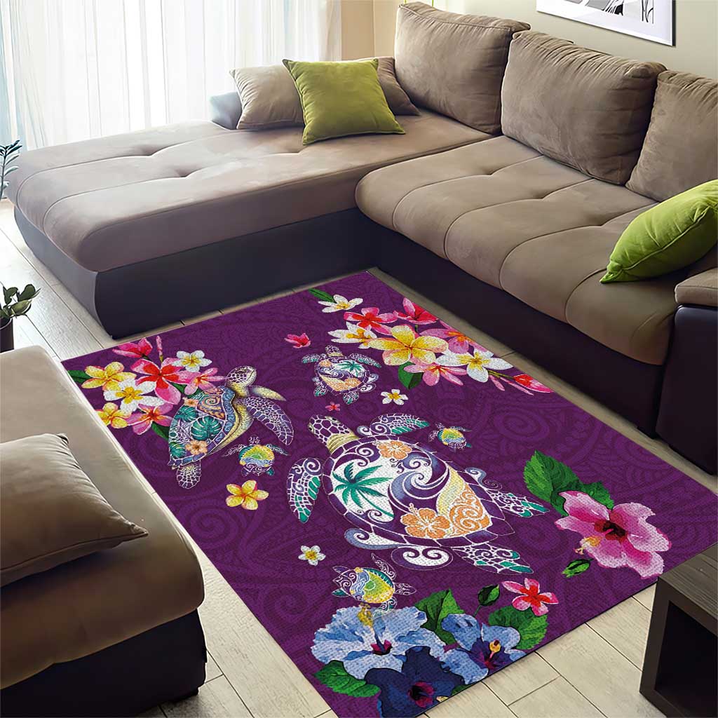 Hawaiian Turtles and Tropical Plants Area Rug Purple Watercolor