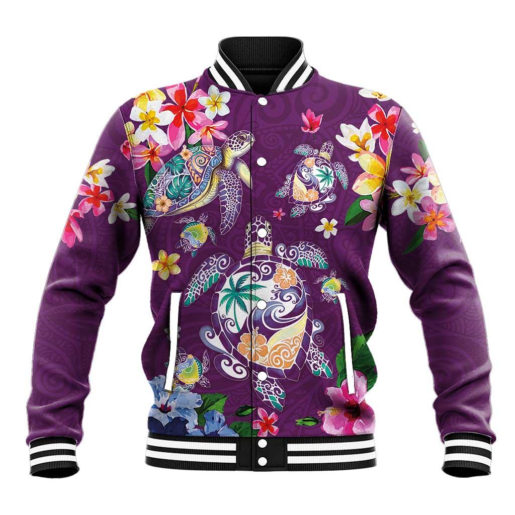 Hawaiian Turtles and Tropical Plants Baseball Jacket Purple Watercolor