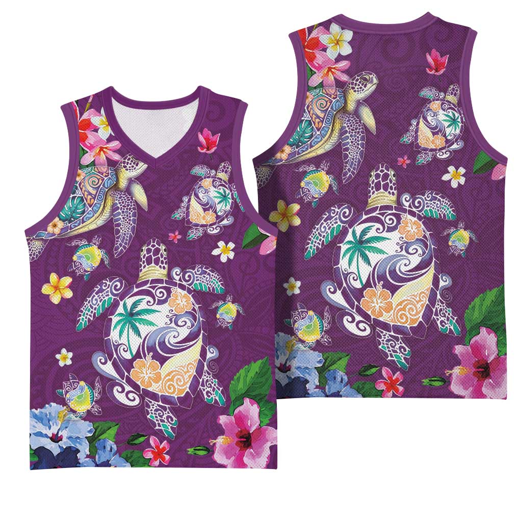 Hawaiian Turtles and Tropical Plants Basketball Jersey Purple Watercolor