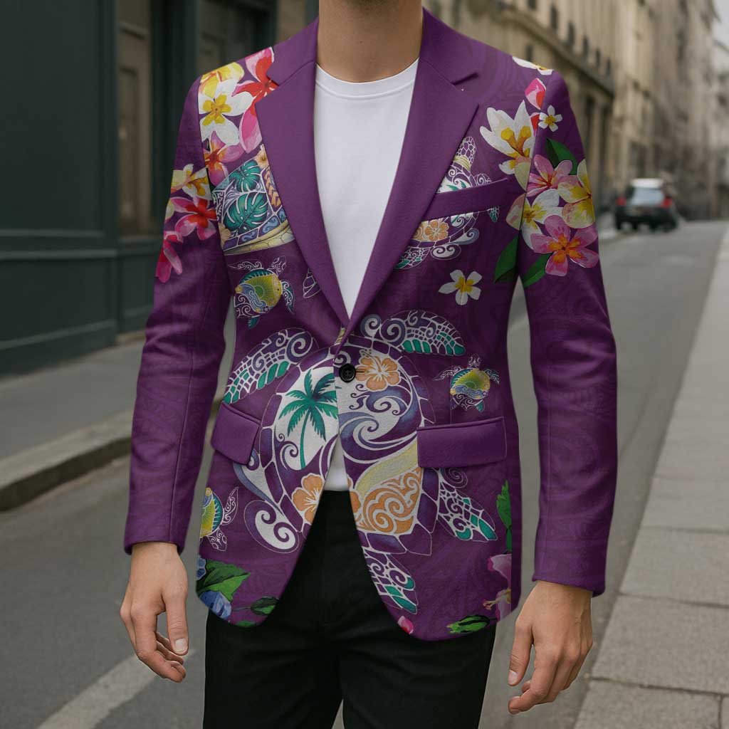 Hawaiian Turtles and Tropical Plants Blazer Purple Watercolor