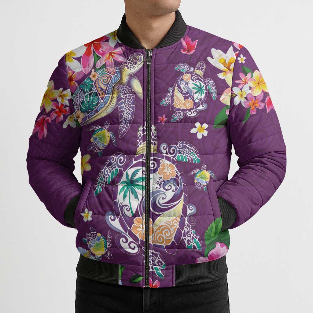 Hawaiian Turtles and Tropical Plants Bomber Puffer Jacket Purple Watercolor