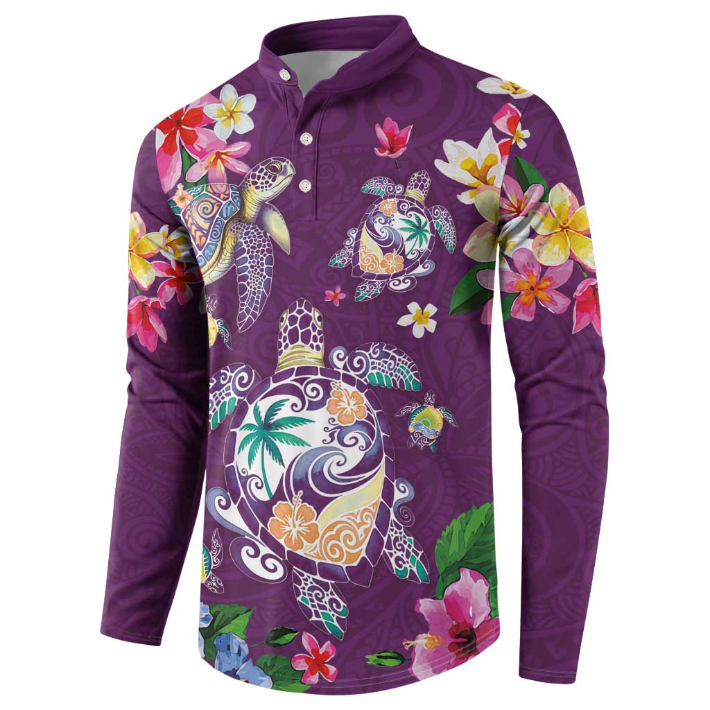 Hawaiian Turtles and Tropical Plants Button Sweatshirt Purple Watercolor