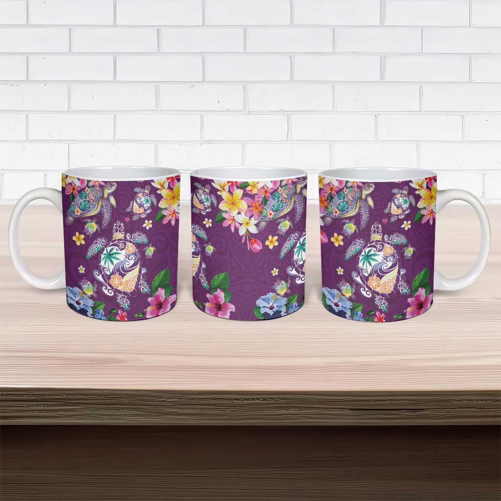 Hawaiian Turtles and Tropical Plants Ceramic Mug Purple Watercolor