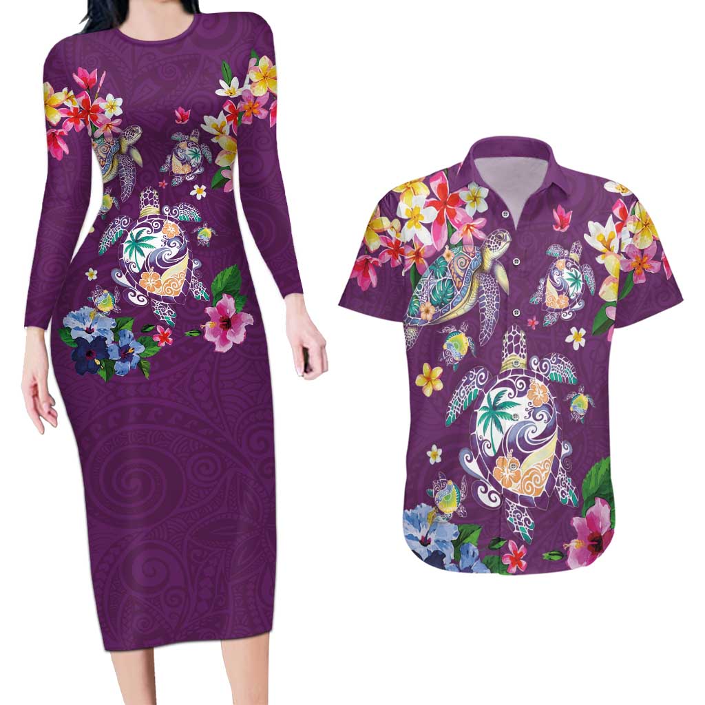 Hawaiian Turtles and Tropical Plants Couples Matching Long Sleeve Bodycon Dress and Hawaiian Shirt Purple Watercolor