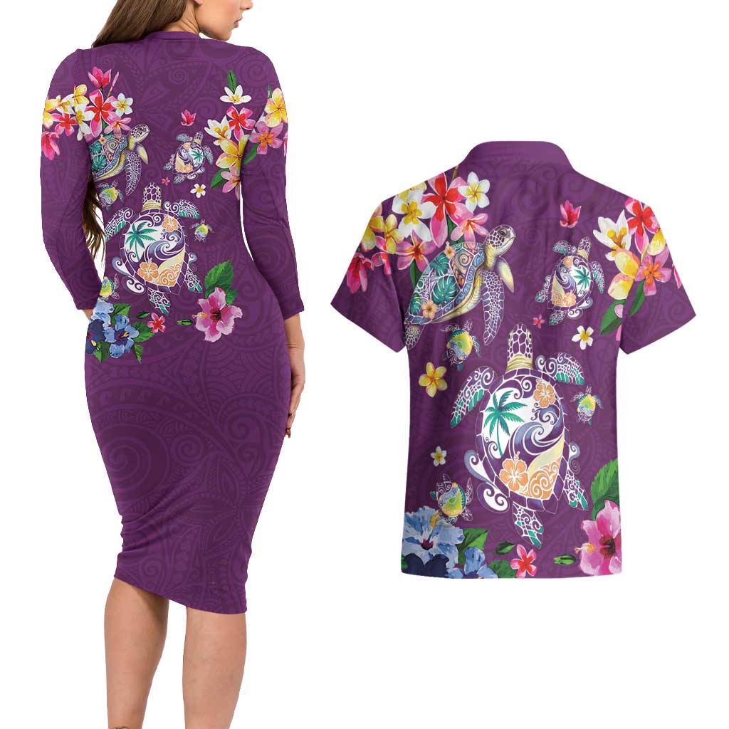 Hawaiian Turtles and Tropical Plants Couples Matching Long Sleeve Bodycon Dress and Hawaiian Shirt Purple Watercolor