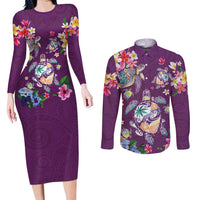 Hawaiian Turtles and Tropical Plants Couples Matching Long Sleeve Bodycon Dress and Long Sleeve Button Shirt Purple Watercolor