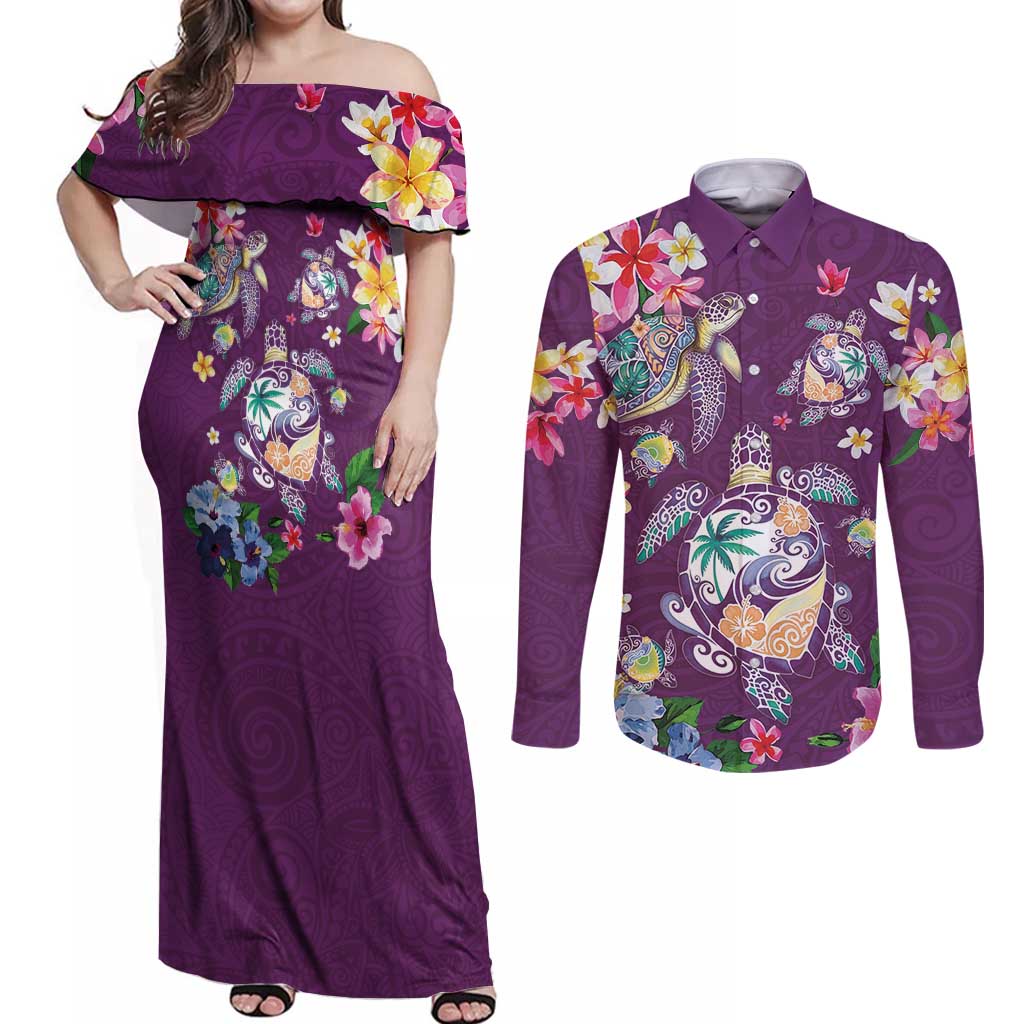 Hawaiian Turtles and Tropical Plants Couples Matching Off Shoulder Maxi Dress and Long Sleeve Button Shirt Purple Watercolor