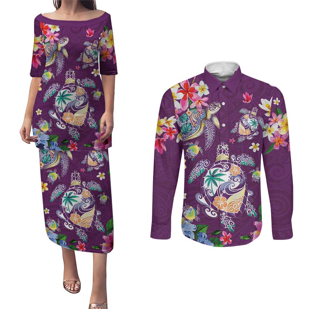 Hawaiian Turtles and Tropical Plants Couples Matching Puletasi and Long Sleeve Button Shirt Purple Watercolor