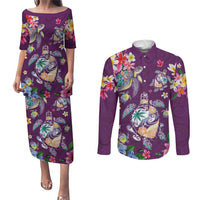Hawaiian Turtles and Tropical Plants Couples Matching Puletasi and Long Sleeve Button Shirt Purple Watercolor