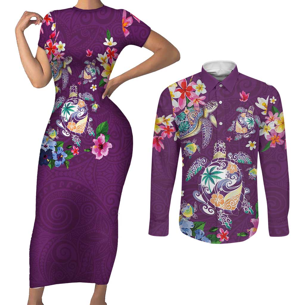 Hawaiian Turtles and Tropical Plants Couples Matching Short Sleeve Bodycon Dress and Long Sleeve Button Shirt Purple Watercolor
