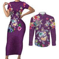 Hawaiian Turtles and Tropical Plants Couples Matching Short Sleeve Bodycon Dress and Long Sleeve Button Shirt Purple Watercolor