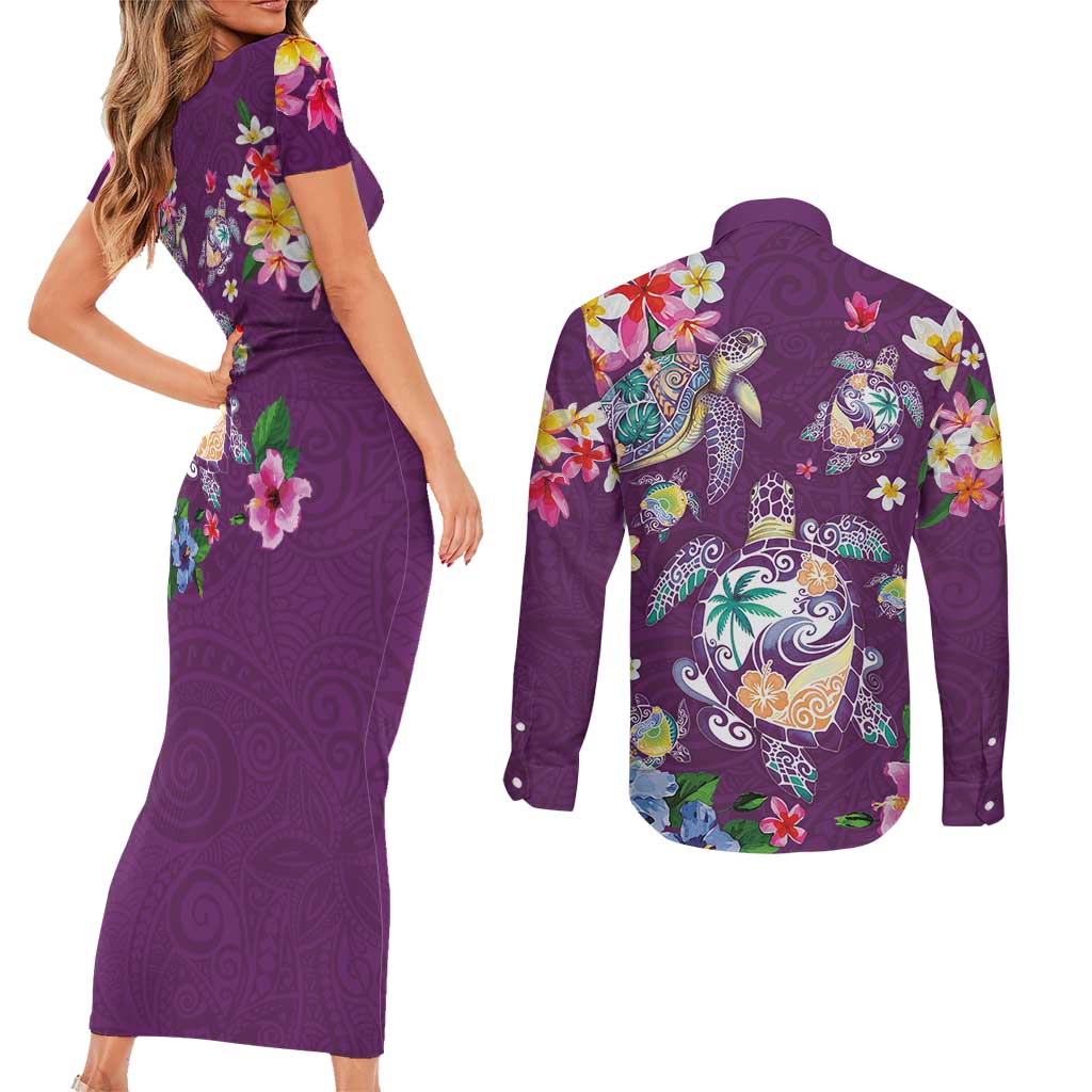Hawaiian Turtles and Tropical Plants Couples Matching Short Sleeve Bodycon Dress and Long Sleeve Button Shirt Purple Watercolor