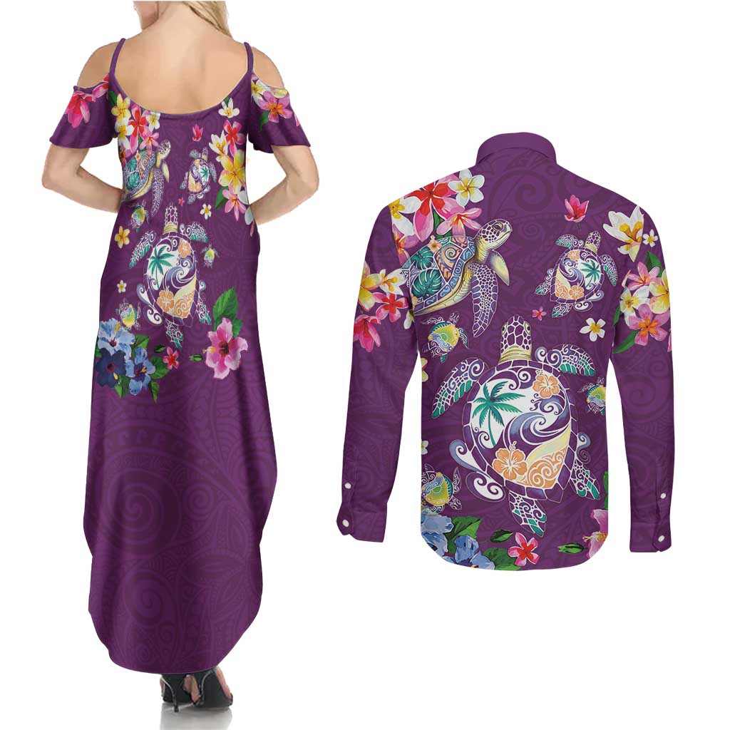 Hawaiian Turtles and Tropical Plants Couples Matching Summer Maxi Dress and Long Sleeve Button Shirt Purple Watercolor
