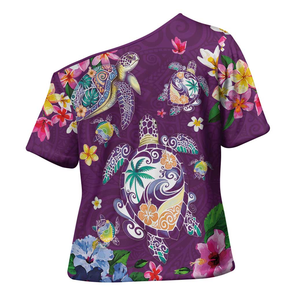 Hawaiian Turtles and Tropical Plants Cross Shoulder Shirt Purple Watercolor