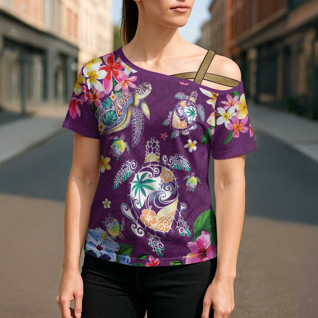 Hawaiian Turtles and Tropical Plants Cross Shoulder Shirt Purple Watercolor