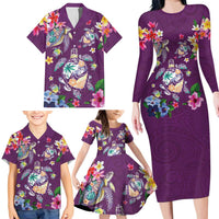 Hawaiian Turtles and Tropical Plants Family Matching Long Sleeve Bodycon Dress and Hawaiian Shirt Purple Watercolor