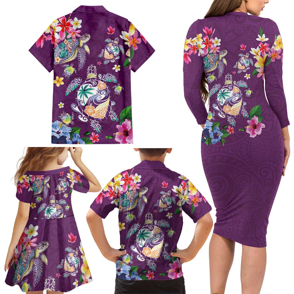 Hawaiian Turtles and Tropical Plants Family Matching Long Sleeve Bodycon Dress and Hawaiian Shirt Purple Watercolor
