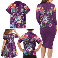 Hawaiian Turtles and Tropical Plants Family Matching Long Sleeve Bodycon Dress and Hawaiian Shirt Purple Watercolor