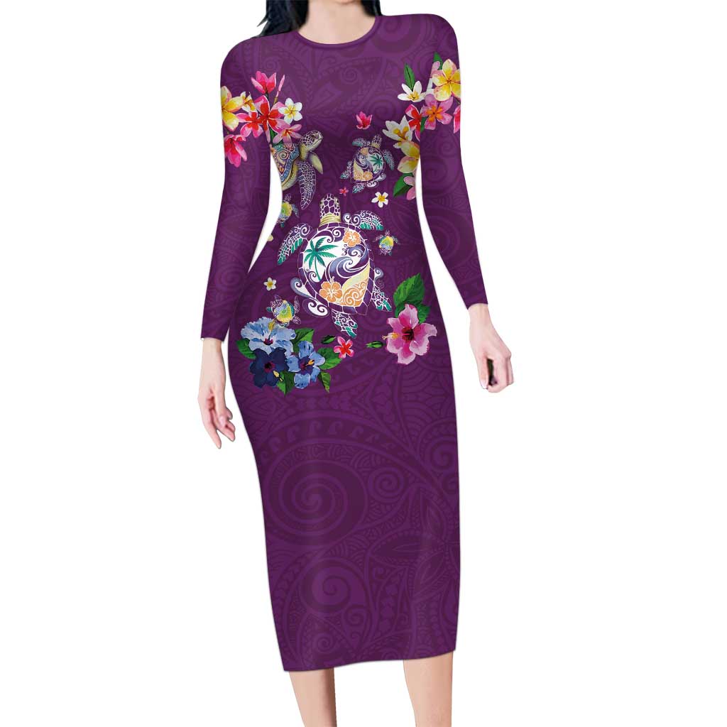 Hawaiian Turtles and Tropical Plants Family Matching Long Sleeve Bodycon Dress and Hawaiian Shirt Purple Watercolor