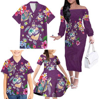 Hawaiian Turtles and Tropical Plants Family Matching Off The Shoulder Long Sleeve Dress and Hawaiian Shirt Purple Watercolor