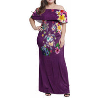 Hawaiian Turtles and Tropical Plants Family Matching Off Shoulder Maxi Dress and Hawaiian Shirt Purple Watercolor