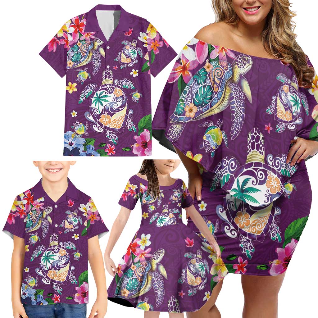 Hawaiian Turtles and Tropical Plants Family Matching Off Shoulder Short Dress and Hawaiian Shirt Purple Watercolor