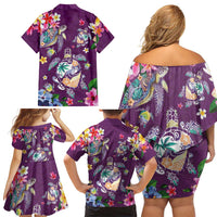 Hawaiian Turtles and Tropical Plants Family Matching Off Shoulder Short Dress and Hawaiian Shirt Purple Watercolor