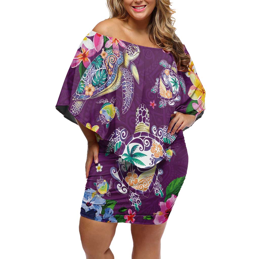 Hawaiian Turtles and Tropical Plants Family Matching Off Shoulder Short Dress and Hawaiian Shirt Purple Watercolor