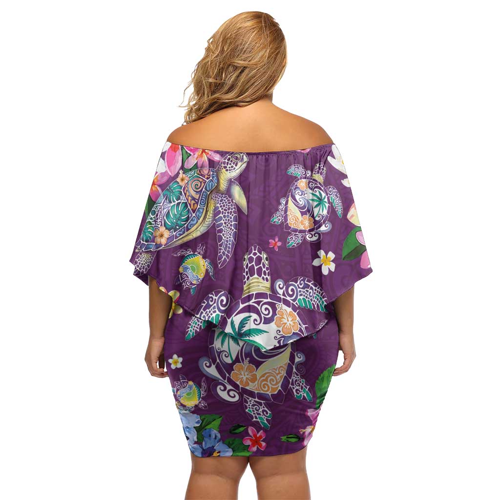 Hawaiian Turtles and Tropical Plants Family Matching Off Shoulder Short Dress and Hawaiian Shirt Purple Watercolor