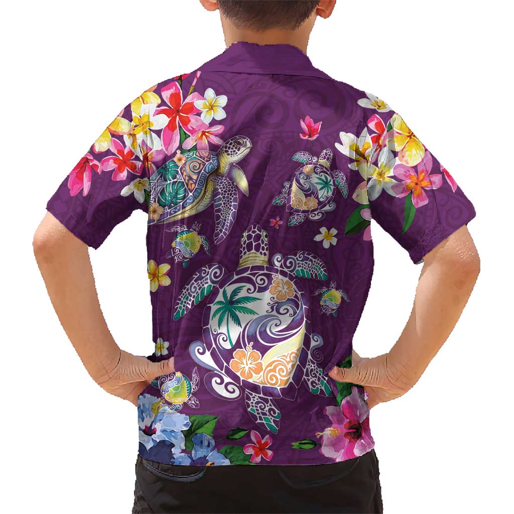 Hawaiian Turtles and Tropical Plants Family Matching Short Sleeve Bodycon Dress and Hawaiian Shirt Purple Watercolor LT03 - Polynesian Pride