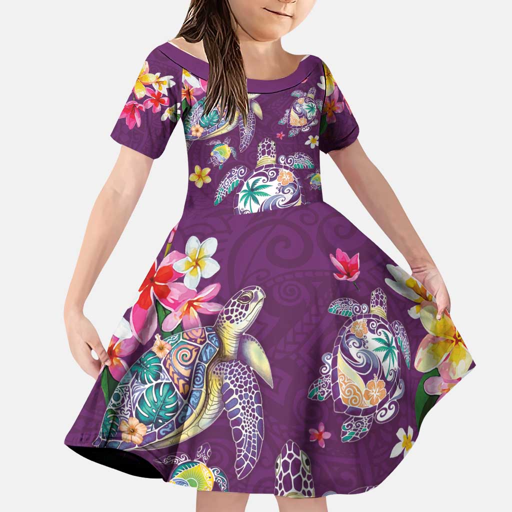Hawaiian Turtles and Tropical Plants Family Matching Short Sleeve Bodycon Dress and Hawaiian Shirt Purple Watercolor LT03 Daughter's Dress Purple - Polynesian Pride