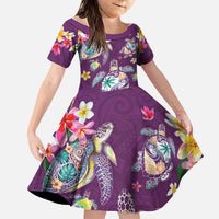 Hawaiian Turtles and Tropical Plants Family Matching Short Sleeve Bodycon Dress and Hawaiian Shirt Purple Watercolor LT03 Daughter's Dress Purple - Polynesian Pride