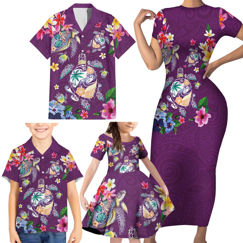 Hawaiian Turtles and Tropical Plants Family Matching Short Sleeve Bodycon Dress and Hawaiian Shirt Purple Watercolor LT03 - Polynesian Pride