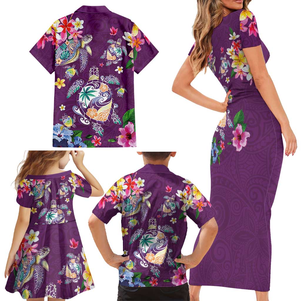 Hawaiian Turtles and Tropical Plants Family Matching Short Sleeve Bodycon Dress and Hawaiian Shirt Purple Watercolor LT03 - Polynesian Pride
