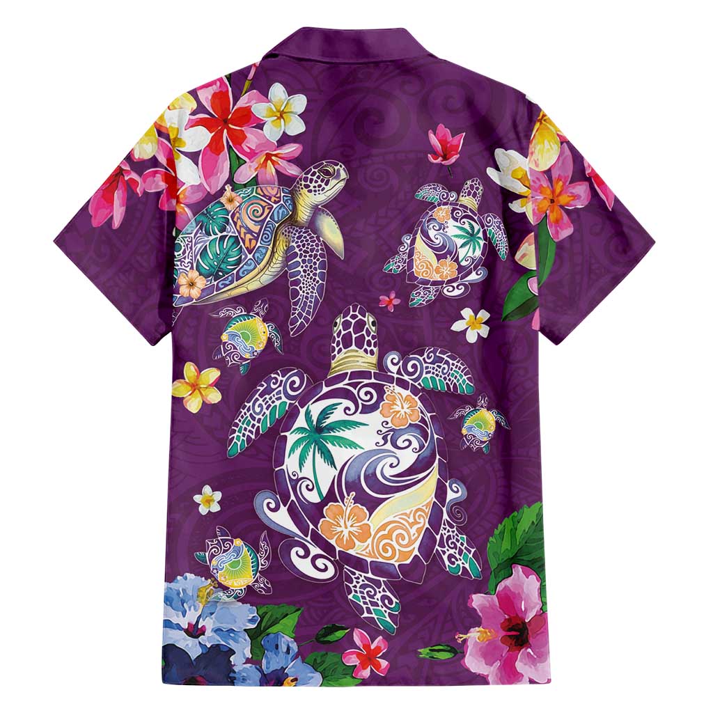 Hawaiian Turtles and Tropical Plants Family Matching Short Sleeve Bodycon Dress and Hawaiian Shirt Purple Watercolor LT03 - Polynesian Pride