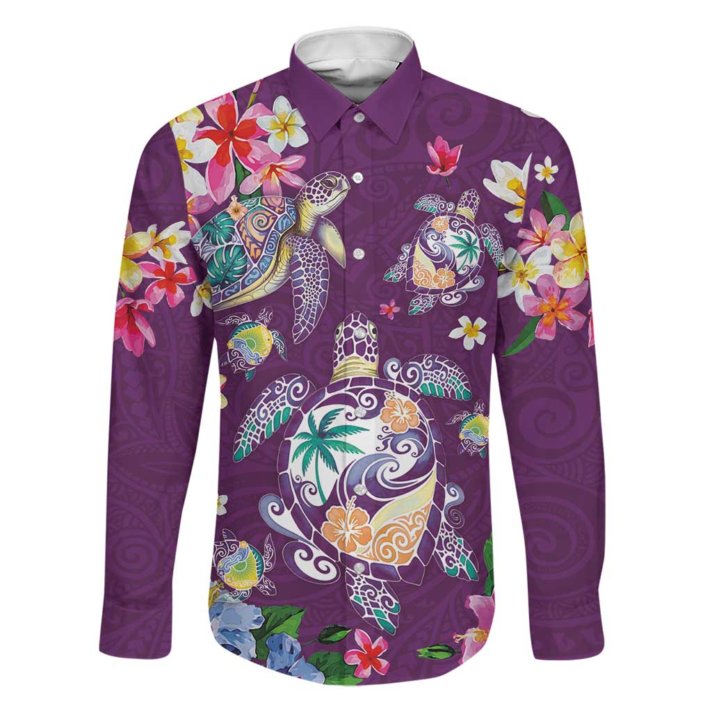 Hawaiian Turtles and Tropical Plants Family Matching Short Sleeve Bodycon Dress and Hawaiian Shirt Purple Watercolor LT03 Dad's Shirt - Long Sleeve Purple - Polynesian Pride