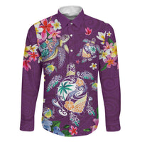 Hawaiian Turtles and Tropical Plants Family Matching Short Sleeve Bodycon Dress and Hawaiian Shirt Purple Watercolor LT03 Dad's Shirt - Long Sleeve Purple - Polynesian Pride