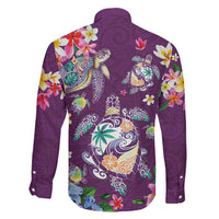 Hawaiian Turtles and Tropical Plants Family Matching Short Sleeve Bodycon Dress and Hawaiian Shirt Purple Watercolor LT03 - Polynesian Pride