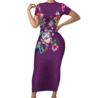 Hawaiian Turtles and Tropical Plants Family Matching Short Sleeve Bodycon Dress and Hawaiian Shirt Purple Watercolor LT03 Mom's Dress Purple - Polynesian Pride