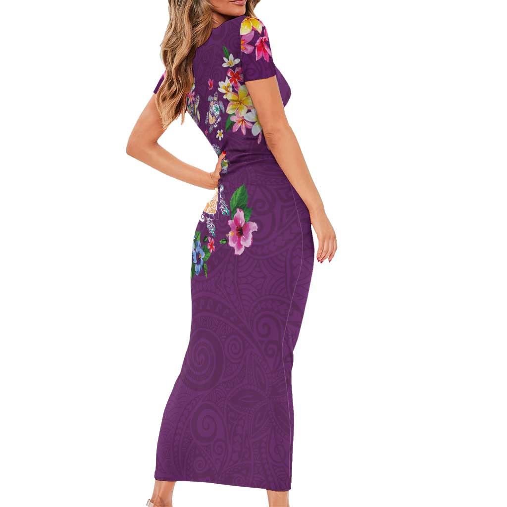 Hawaiian Turtles and Tropical Plants Family Matching Short Sleeve Bodycon Dress and Hawaiian Shirt Purple Watercolor LT03 - Polynesian Pride