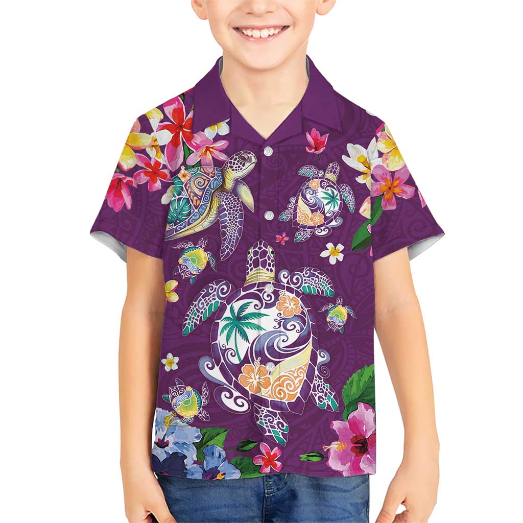 Hawaiian Turtles and Tropical Plants Family Matching Short Sleeve Bodycon Dress and Hawaiian Shirt Purple Watercolor LT03 Son's Shirt Purple - Polynesian Pride