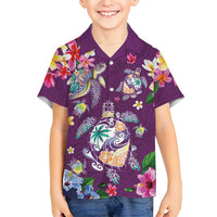 Hawaiian Turtles and Tropical Plants Family Matching Short Sleeve Bodycon Dress and Hawaiian Shirt Purple Watercolor LT03 Son's Shirt Purple - Polynesian Pride