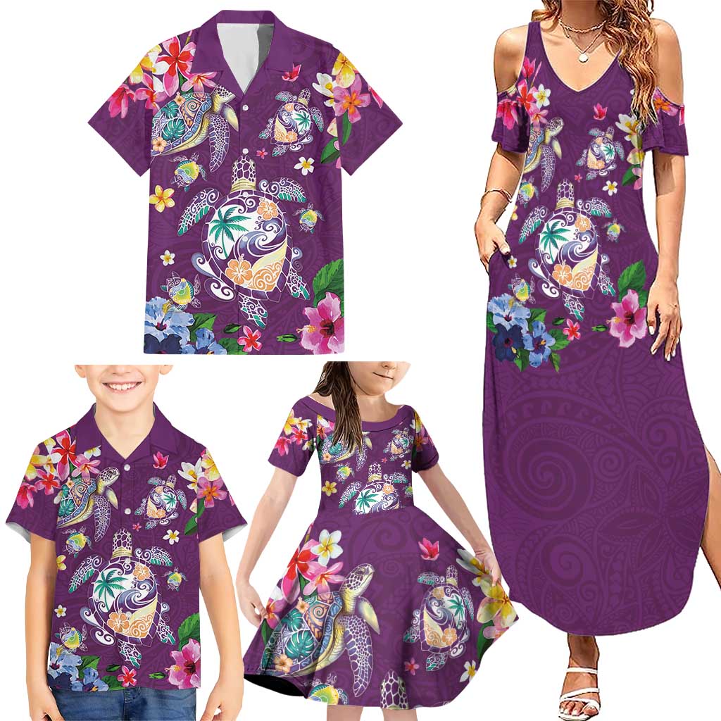 Hawaiian Turtles and Tropical Plants Family Matching Summer Maxi Dress and Hawaiian Shirt Purple Watercolor