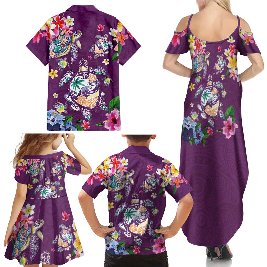 Hawaiian Turtles and Tropical Plants Family Matching Summer Maxi Dress and Hawaiian Shirt Purple Watercolor