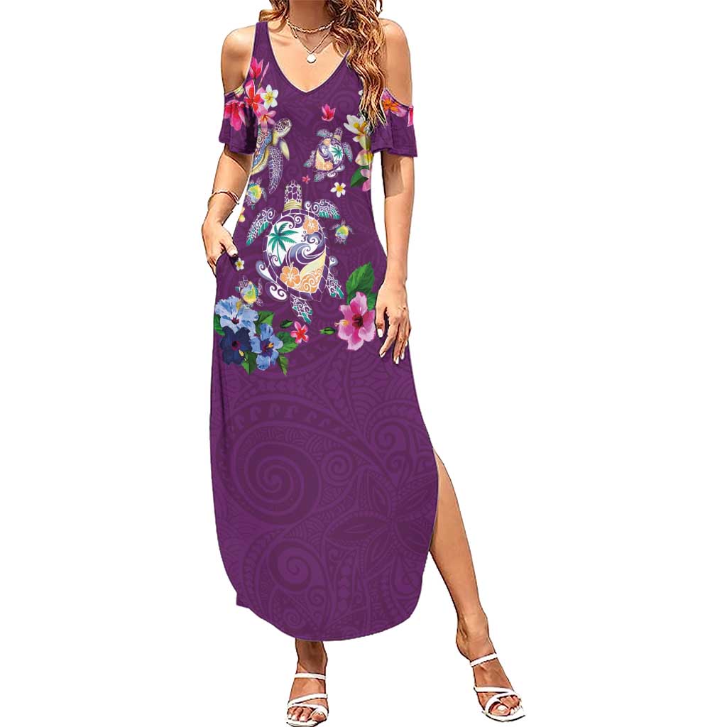 Hawaiian Turtles and Tropical Plants Family Matching Summer Maxi Dress and Hawaiian Shirt Purple Watercolor