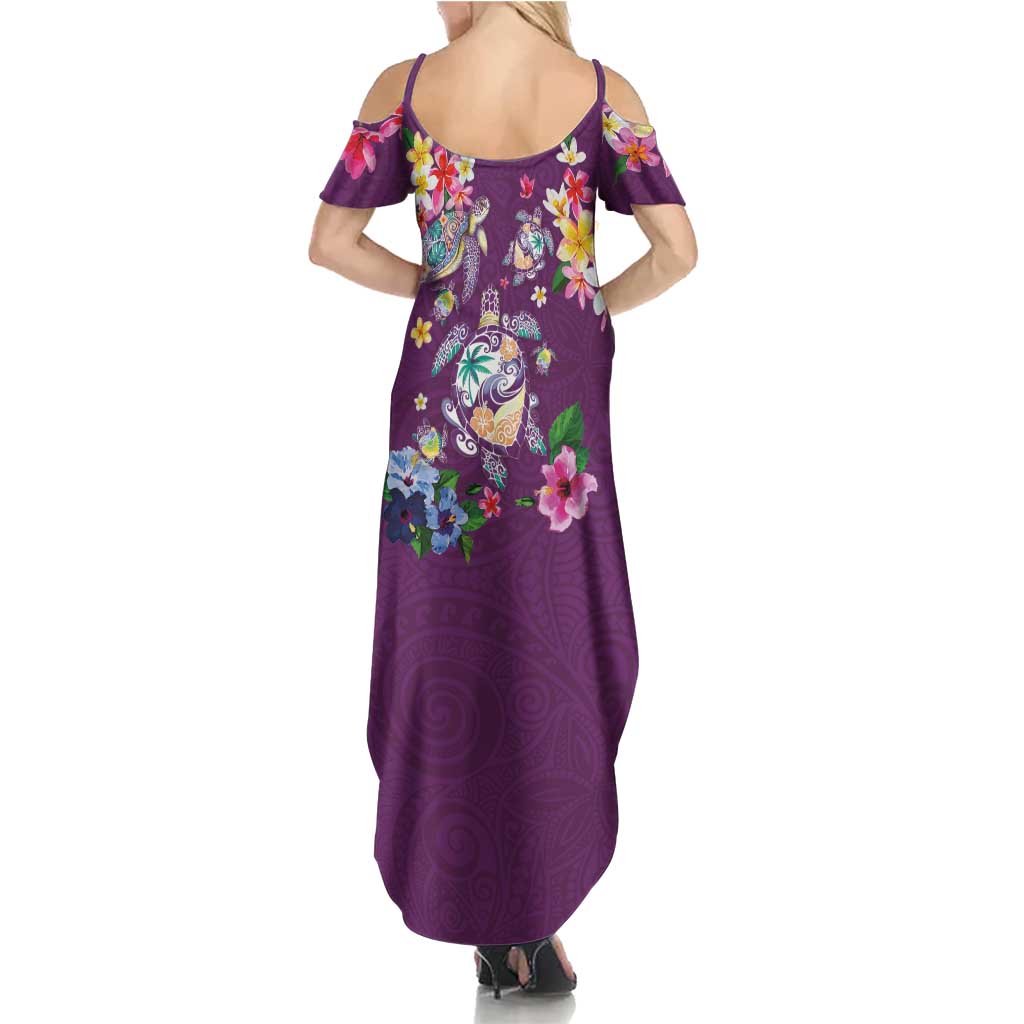 Hawaiian Turtles and Tropical Plants Family Matching Summer Maxi Dress and Hawaiian Shirt Purple Watercolor