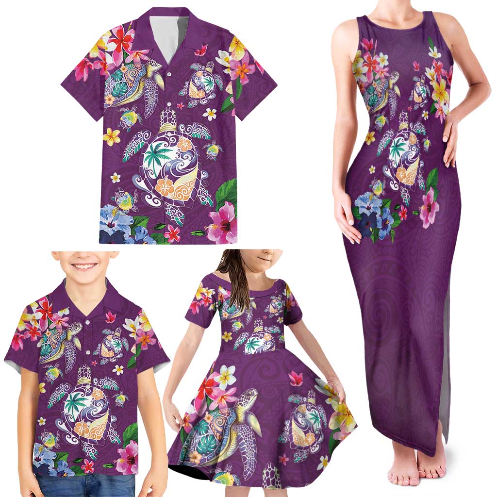 Hawaiian Turtles and Tropical Plants Family Matching Tank Maxi Dress and Hawaiian Shirt Purple Watercolor