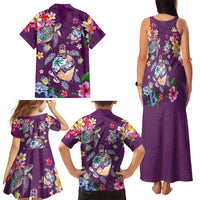 Hawaiian Turtles and Tropical Plants Family Matching Tank Maxi Dress and Hawaiian Shirt Purple Watercolor